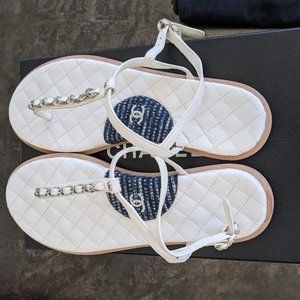 Chanel T-Bar White Leather Flat Sandals